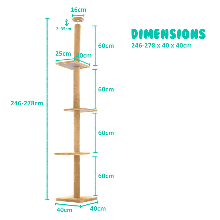 Paw Mate 278cm Brown Cat Tree PILLAR Scratcher Adjustable Floor to Ceiling Condo Tower