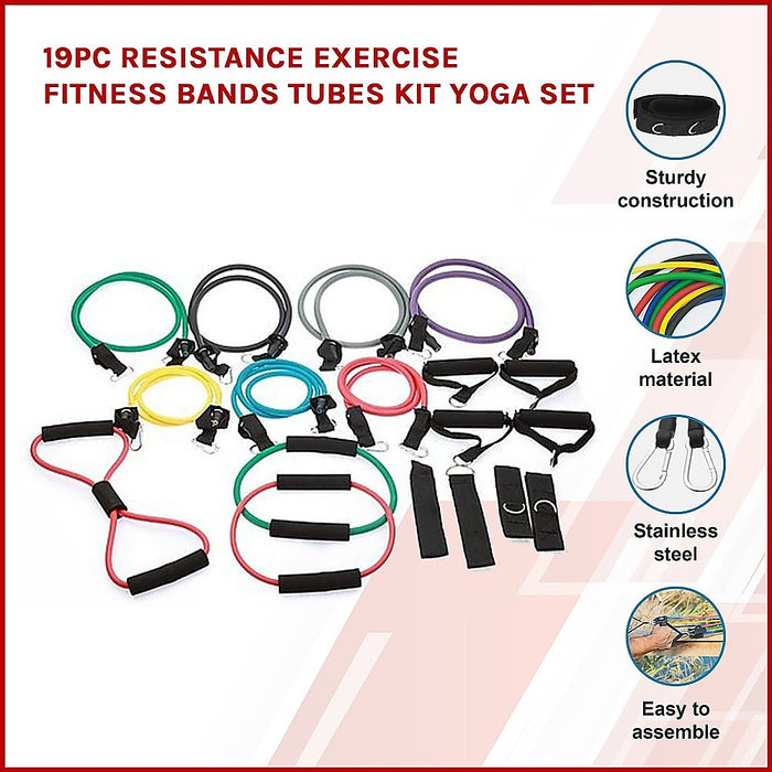 19pc Resistance Excercise Fitness Bands Tubes Kit Yoga Set