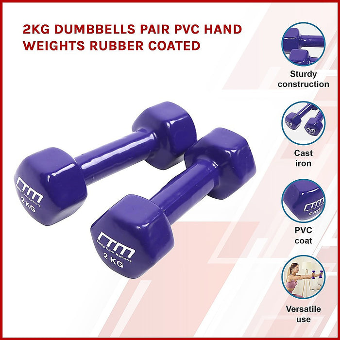 2kg Dumbbells Pair Pvc Hand Weights Rubber Coated