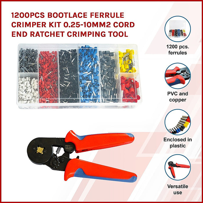 1200pcs Bootlace Ferrule Crimper Kit 0.25-10mm Cord End Ratchet Crimping Tool