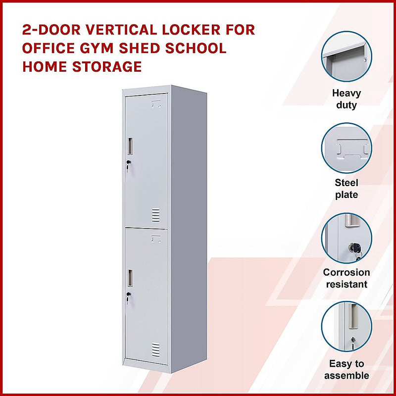 Standard Lock 2-Door Vertical Locker for Office Gym Shed School Home Storage
