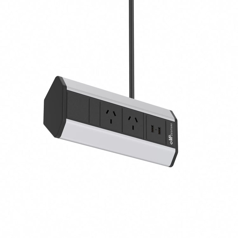 Corner Power Outlet System w/USB Silver Shell Black Coloured Outlets