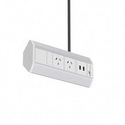 Corner Power Outlet System w/USB Silver Shell White Coloured Outlets